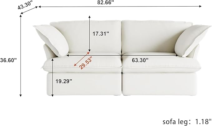 JACH 82.66" Cloud Couch for Living Room, Modular Sectional Sofa, Comfy Convertible Sectional Couches, Cushion Covers Removable, Down Filled Sofas for Living Room, Home, Apartment (Love Seat, White)