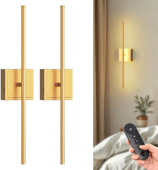 DORESshop Battery Operated Wall Sconces Set of Two with Remote Control, Rechargeable Wall Sconce, 350°Rotate Dimmable Wireless Wall Sconce for Living Room, Hallway, Bedroom, 23.7 Inch, Gold(2 Pack)