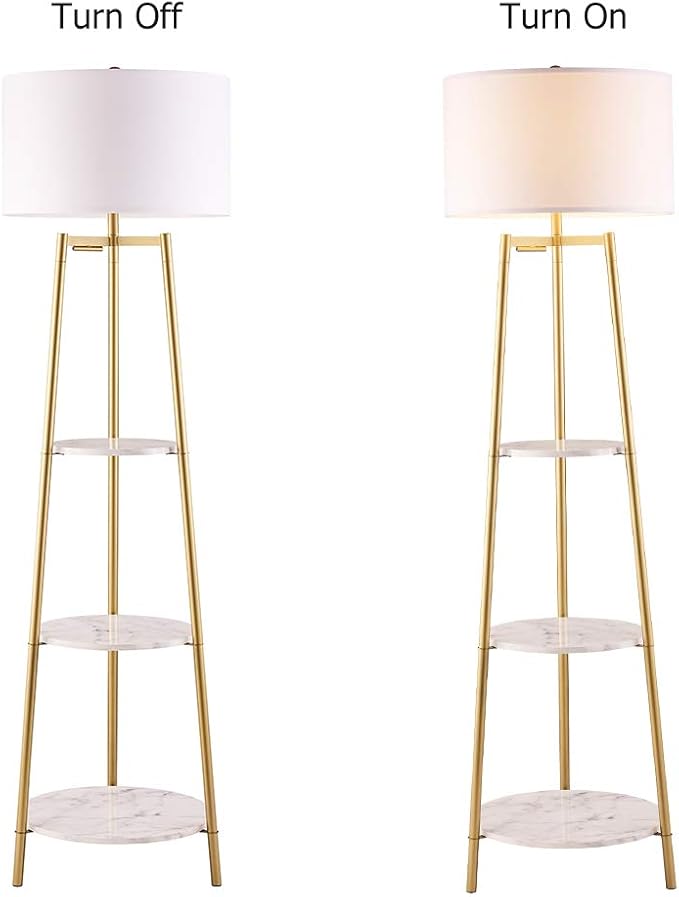 Floor Lamp, Standing Reading Light with Faux Marble Shelves and Fabric Shade, Modern Tall Pole, Accent Furniture Décor Lighting for Living Room, Bedrooms