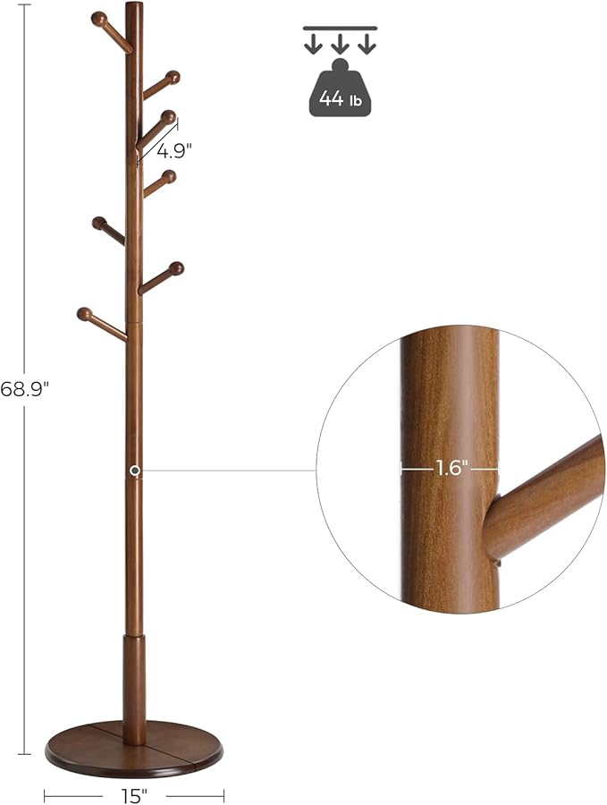 VASAGLE Solid Wood Coat Rack, Free Standing Hall Coat Tree with 7 Hooks, 3 Height Options, for Coats, Hats, Bags, Purses, for Entryway, Hallway, Rubberwood Hooks and Pole, Dark Walnut URCR07WN
