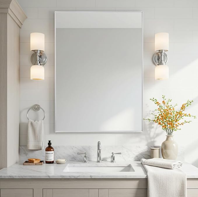 26x36 Inch Silver Bathroom Mirror - Copper-Free Mirror, Aluminum Alloy Frame Vanity Rectangle Wall Mounted Modern Mirror for Bedroom/Living Room/Porch Horizontal or Vertical