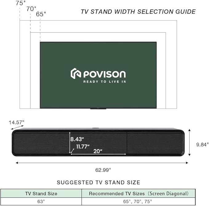 POVISON Fully Assembled Floating TV Stand, 63 inch Modern TV Stand with 3 Flip-Down Cabinet Doors, Black TV Stand, Solid Wood Floating Entertainment Center, Minimalist TV Console
