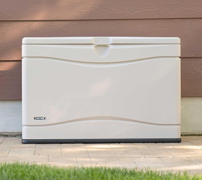 LIFETIME 60059 Black Bottom & Desert (Tan) Sides and Lid Outdoor Storage Box-80 Gal, 80 Gallon, Desert Sand