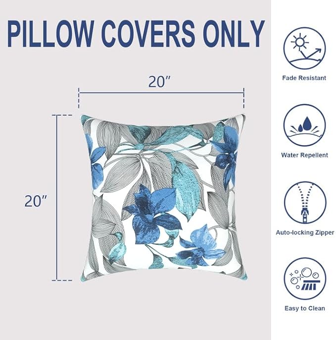 Pack of 2 Patio Throw Pillow Covers ONLY, Water Repellent Cushion Cases 20x20 Inch, Square Pillowcases for Outdoor Couch Decoration, Clemens Noir Blue