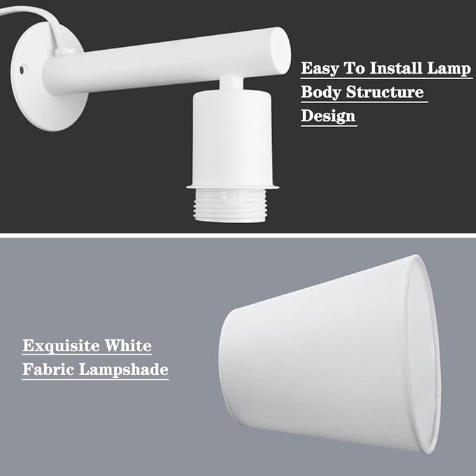 White Plug in Wall Sconces Set of Two, Wall Lamp with Plug in Cord On/Off Switch, White Bedroom Sconces Set of 2 Plug in, Bedside Wall Mounted Light with Fabric Linen,Wall Decor for Living Room