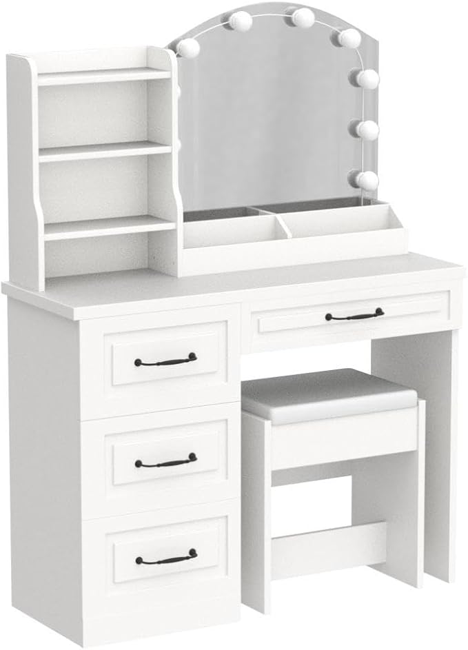 Vabches Makeup Vanity Desk with Lights and 4 Drawers, White Vanity Set Makeup Table Lots Storage, 3 Lighting Colors, Large Size 39.4in(L)
