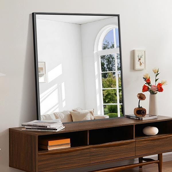 KOCUUY 30x36 Inch Large Black Wall Mounted Mirror,Aluminum Framed Decorative Rectangular Bathroom Mirror for Wall Over Sink,Vanity Mirror for Bedroom Living Room Bathroom,Functional Oversized Mirror