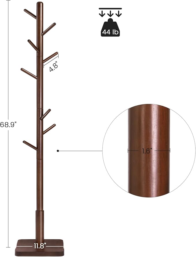 VASAGLE Solid Wood Coat Rack, Free Standing Hall Coat Tree with 8 Hooks, 3 Height Options, for Coats, Hats, Bags, Purses, for Entryway, Hallway, Rubberwood Hooks and Pole, Dark Walnut URCR010W01