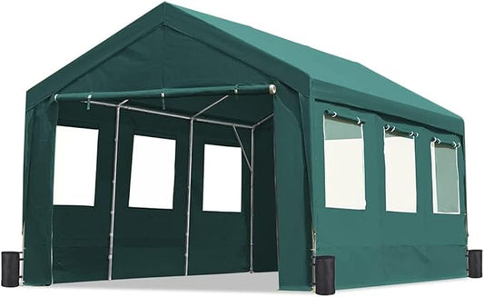 ADVANCE OUTDOOR 10x20 ft Adjustable Height Carport with Removable Window Sidewalls and Doors, Heavy Duty Car Canopy Garage Party Tent Boat Shelter with Reinforced Poles, Green