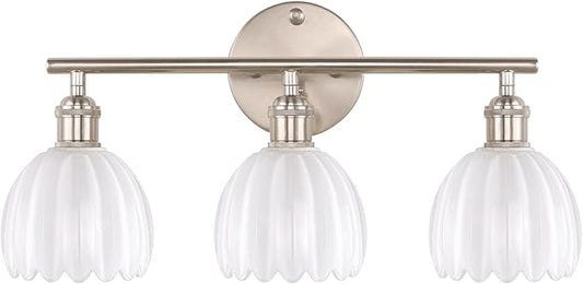 Bathroom Light Fixtures, 3-Light Vanity Wall Light Over Mirror with White Tulip Glass Shade for Bedroom Living Room, Satin Nickel