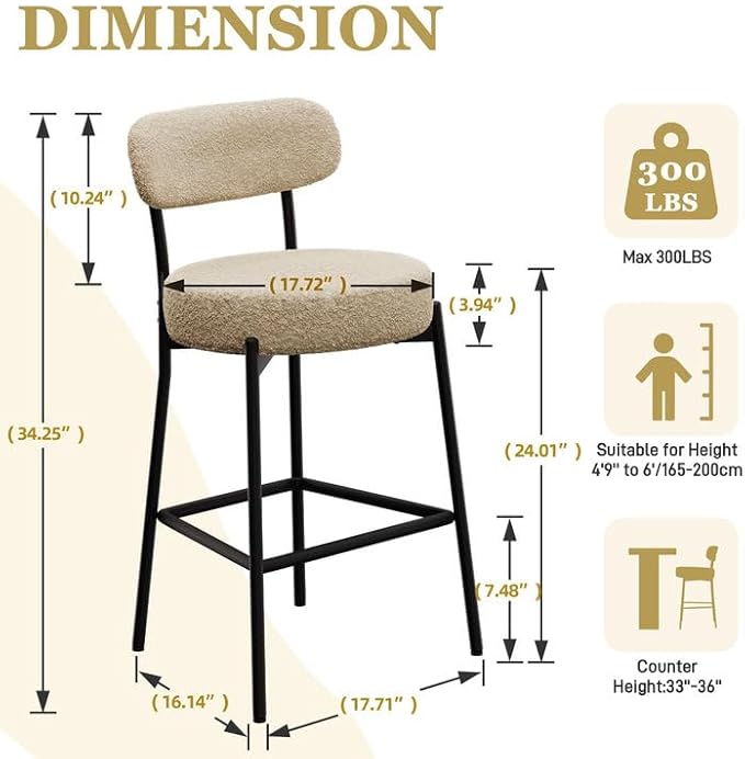 DYHOME Bar Stools Set of 2, 24 Inches Modern Counter Height Bar Stools with Curved Back Metal Legs, Light Brown Upholstered Boucle Barstools for Kitchen Island, Cafe