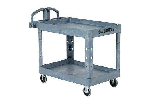 Rubbermaid Commercial Products BRUTE Heavy Duty 2-Shelf Utility/Service Cart, Large, Lipped Shelves, Ergonomic Handle, 750 lbs. Capacity, Black, for Warehouse/Garage/Cleaning/Maintenance/Stadiums
