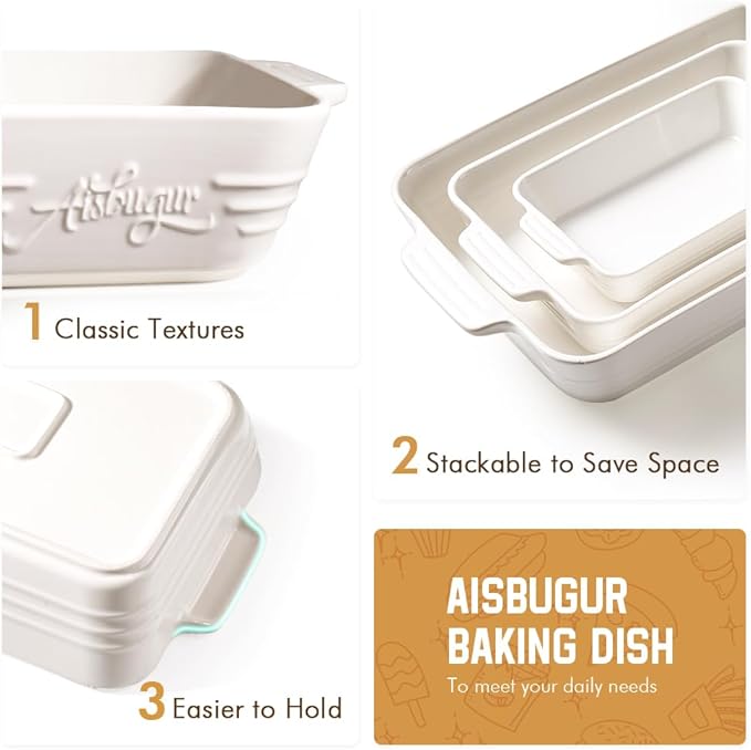 Ceramic Baking Dish Set, 3-Piece Casserole Dishes for Oven, Rectangular Baking Pans, Deep Lasagna Pans with Handles, Multi-Size Set for Cooking, Baking, Serving, and Gifting, White (16.1''/12.2''/9'')