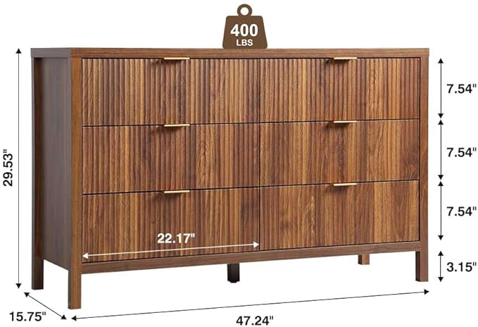 Fluted 6 Drawer TV Stand Dresser for Bedroom, Mid Century Modern Dresser with Drawers, MDF Wooden Chest of Drawers, Fluted Cabinet for Closet Cloth, Living Room, Entryway -Walnut