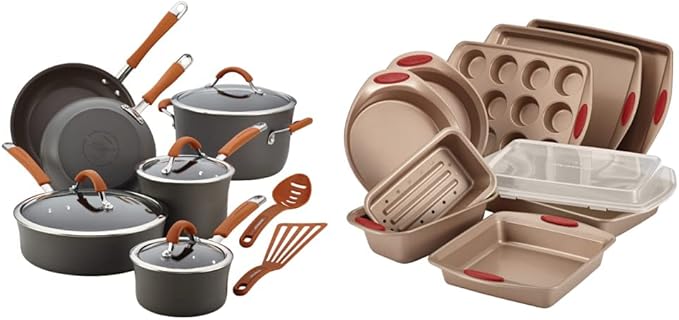 Rachael Ray Cucina Dishwasher Safe Hard Anodized Nonstick Cookware Pots and Pans Set, 12 Piece, Gray with Orange Handles & Cucina Nonstick Bakeware Set, 10 Piece, Latte Brown with Cranberry Red Grips