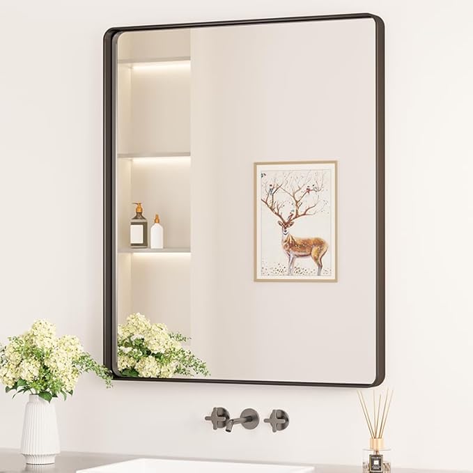 Keonjinn Black Framed Mirrors for Bathroom 30 x 36 Inch Rounded Rectangle Wall Mirror, Matte Black Farmhouse Bathroom Vanity Mirror with Seamless Metal Frame, HD Tempered Glass(Horizontal/Vertical)