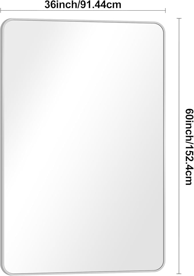 BONEWEI Silver Bathroom Mirror,60x40 inch Wall Mirror for Bathroom Wall Mounted,Rectangle Mirror for Bathroom Over Sink,Modern Frame Round Corner for Living Room,Bedroom Entryway,Horizontal/Vertical