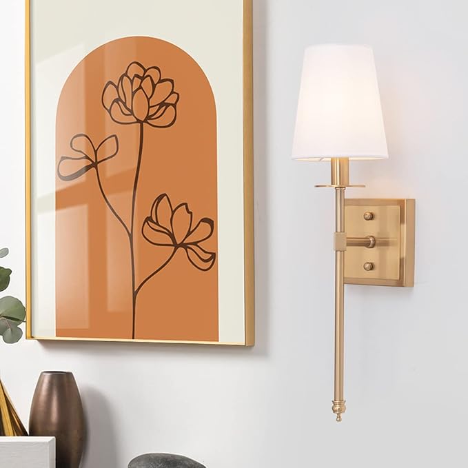 VILUXY Modern Wall Sconces Antique Brass Brush Paint Finish Bedside Wall Sconce Lighting Fixture with White Fabric Shade for Bedroom, Hallway, Entryway, Passway, Bathroom, Vanity 2 Pack