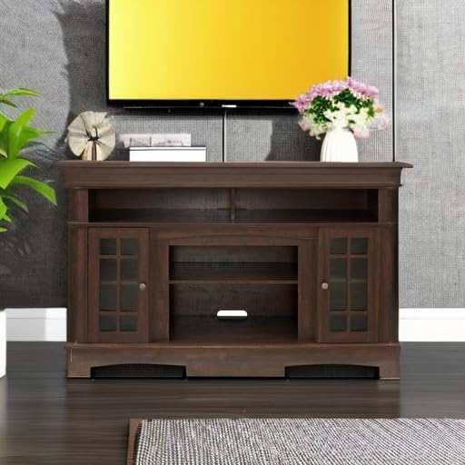 HMFULE 58" TV Stands for Living Room 55 60 65 inch Television, Entertainment Center 2 Glass Doors & Adjustable Shelves, Wood Modern Farmhouse Buffet Cabinet with Storage, Bedroom Furniture (Espresso)