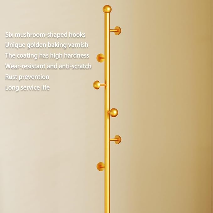 Coat Rack,Metal Free Standing Coat Stand with marble base, Hall Coat Tree with 6 Hooks and Storage Tray,68.9 Inch Tall, for Coats, Hats, Bags, for Entryway, Hallway, Bedroom (gold)