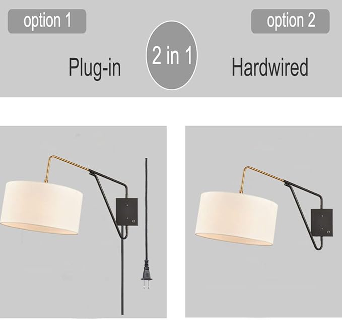 HOLKIRT Bedroom Swing Arm Wall Lamp Bedside Wall Sconce,Plug in/Wall Mount + Off-White Fabric Shade 13.77 Inch