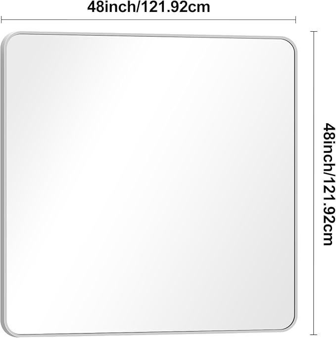 BONEWEI Silver Bathroom Mirror,48x48 inch Wall Mirror for Bathroom Wall Mounted,Rectangle Mirror for Bathroom Over Sink,Modern Frame Round Corner for Living Room,Bedroom Entryway,Horizontal/Vertical
