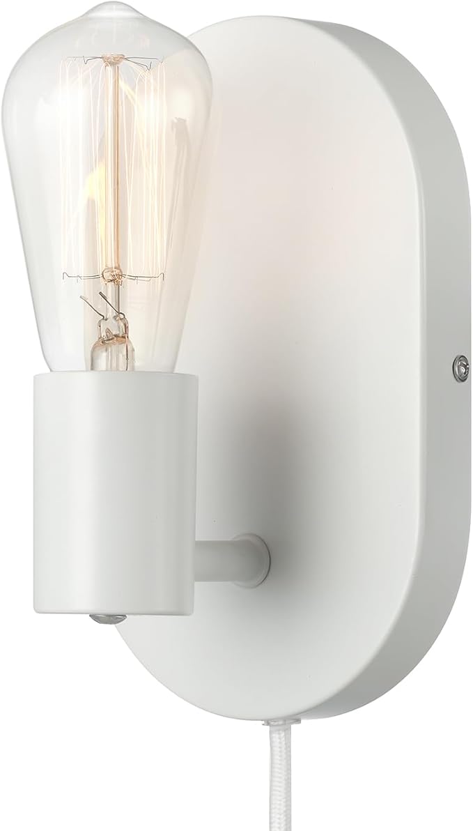 GLOBE Electric 65000134 1-Light Plug-in or Hardwire Wall Sconce, Matte White, 6ft White Fabric Covered Cord, Inline On/Off Rocker Switch, Bedroom, Living Room, Mounted Lamp