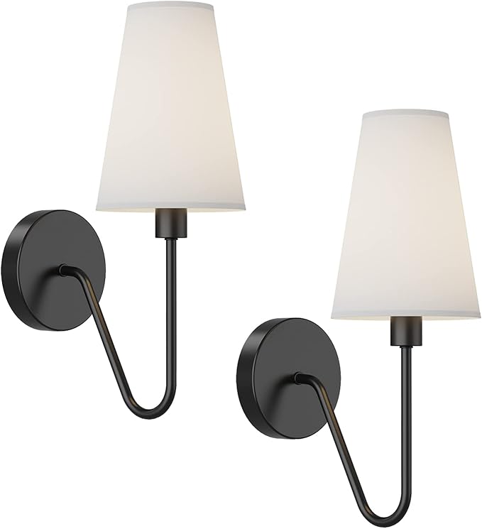 Electro bp;Single Head Classic 1 Light Wall Sconce Lighting Fixture Black with Cream White Linen Fabric Lamp Shades E12 40W Hardwired (Set of 2);