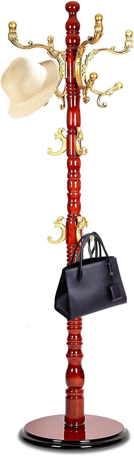 Coat Racks freestanding, High-grade Wooden Tree Rack, hall tree With 14 Hooks & Stable Disc Base, For such as coats, jackets, Home Office Entry-way hanger Organizer (Begonia color)