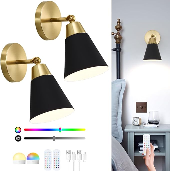 Black and Gold Battery Operated Wall Sconce Set of 2, Rechargeable Wall Light with Remote, 3CCT Dimmable Wireless Wall Lamp, LED Cordless Sconce for Living Room Hallway,12 RGB Colors,180°&330°Rotation
