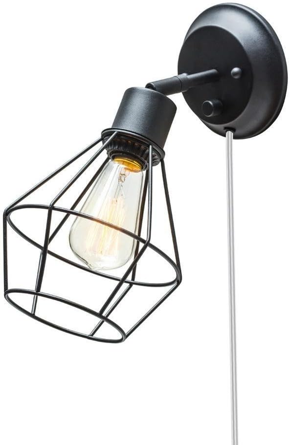 GLOBE Electric 65291 1-Light Plug-in or Hardwire Industrial Cage Wall Sconce, Matte Black Finish, On/Off Rotary Switch, 6ft Clear Cord, Wall Lights for Bedroom, Bulb Not Included
