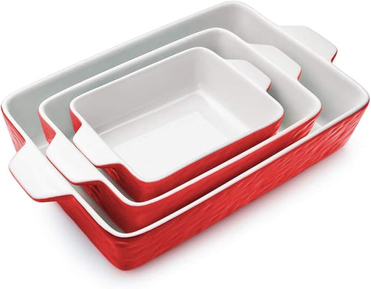Casserole Dishes for Oven, Ceramic Baking Dishes, Lasagna Pan with Handles, Porcelain Baking Pan Deep, Bakeware for Baking, Cooking, Wedding Gift, Set of 3 (11.6" x 7.8", Red)