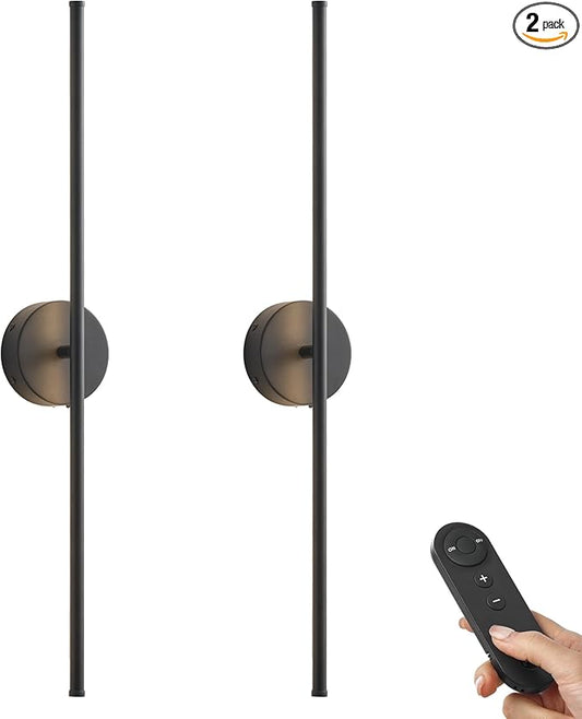 Battery Operated Wall Sconces, Dimmable Wall Sconces Set of Two, 350°Rotate, 3000K LED Black Wireless Wall Light for Living Room, Bedroom,Hallway, 40.1 Inch (2 Pack)