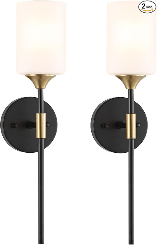 Industrial Mid Century Wall Sconce Set of 2 with White Cylinder Glass Shades Modern Bathroom Vanity Wall Lamp Black and Gold Finished Wall Light Fixture