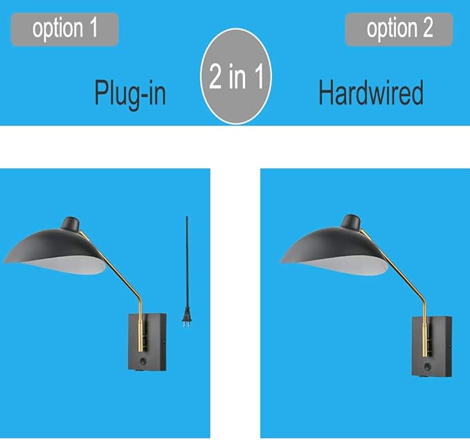 CLAXY Plug in Wall Sconce Swing Arm Bedroom Wall Light Matte Black with USB Charge Port-Set of 2, Plug in or Hardwired Wall Mounted Lights