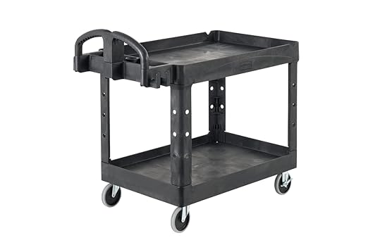 Rubbermaid Commercial Products 2-Shelf Utility/Service Cart, Medium, Black, Lipped Shelves, Ergonomic Handle, 500 Lbs Capacity, forfor Warehouse/Garage/Cleaning/Manufacturing