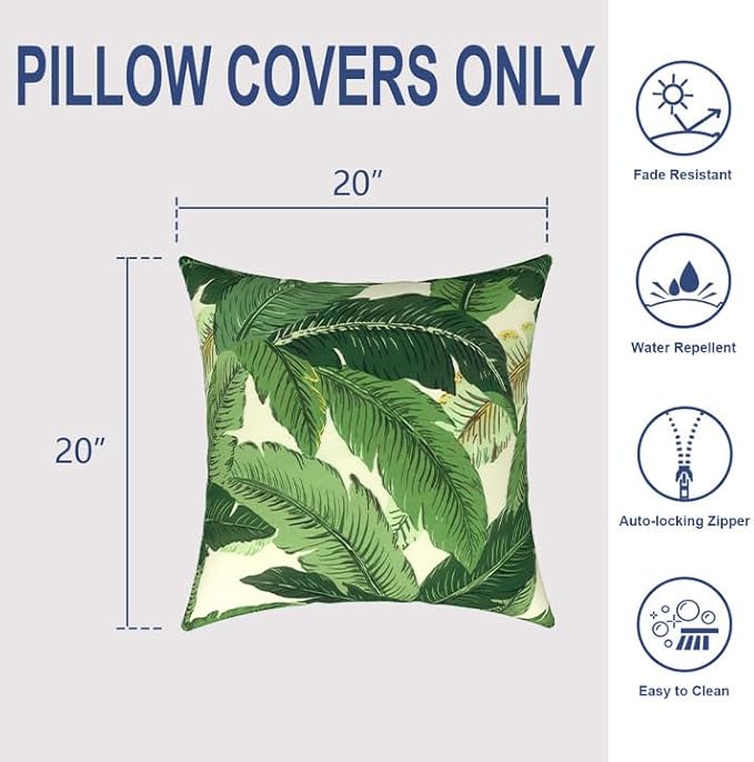Pack of 2 Patio Throw Pillow Covers ONLY, Water Repellent Cushion Cases 20x20 Inch, Square Pillowcases for Outdoor Couch Decoration, Swaying Palms Green