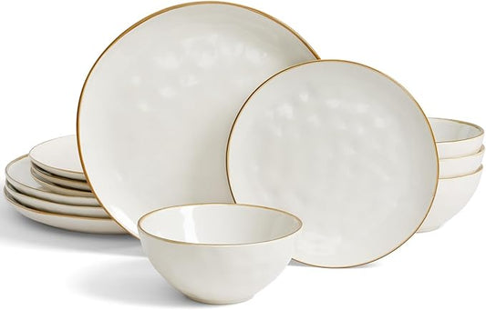 Famiware Dinnerware Sets for 4, Ocean Round 12-Piece Kitchen Plates and Bowls Sets, Microwave and Dishwasher Safe, Scratch Resistant, Vanilla White