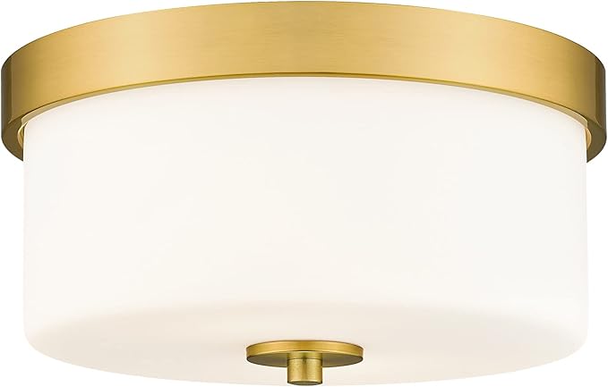 Emak 11 Inch Brushed Gold Flush Mount Ceiling Light Fixture, 2-Light Fixtures Ceiling Mount with Milk Glass Shades for Hallway, Kitchen, Bathroom, Dining Room, FM082-GD-ML