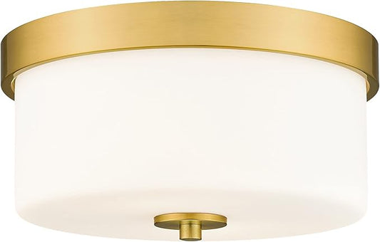 Emak 11 Inch Brushed Gold Flush Mount Ceiling Light Fixture, 2-Light Fixtures Ceiling Mount with Milk Glass Shades for Hallway, Kitchen, Bathroom, Dining Room, FM082-GD-ML