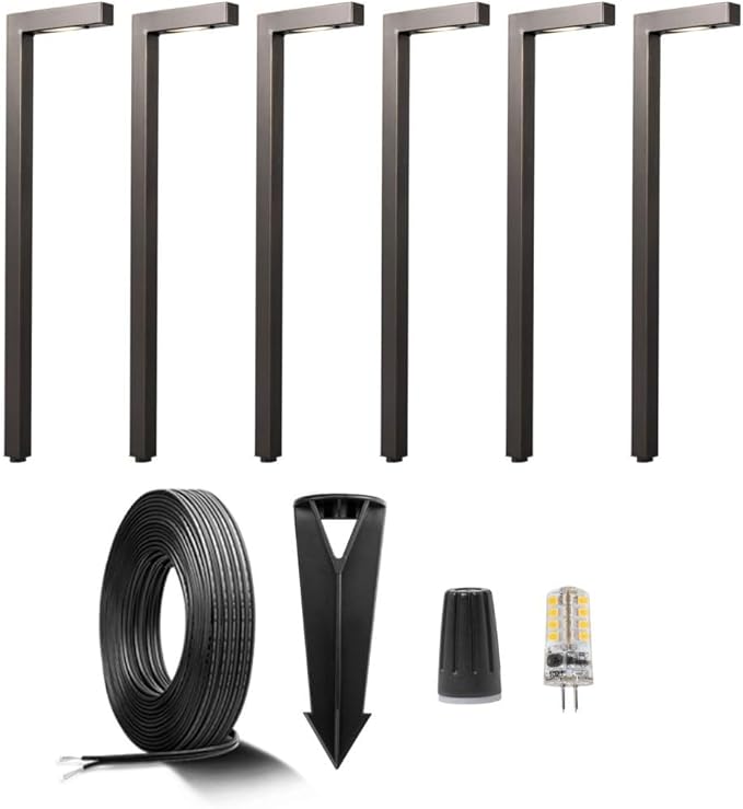 Brass Low Voltage Path Lighting Kit (6 Pack Path Lights) with 100 Feet Cable and 30Pack Wire Connectors for Outdoor Pathway House Garden Patio Without Transformer