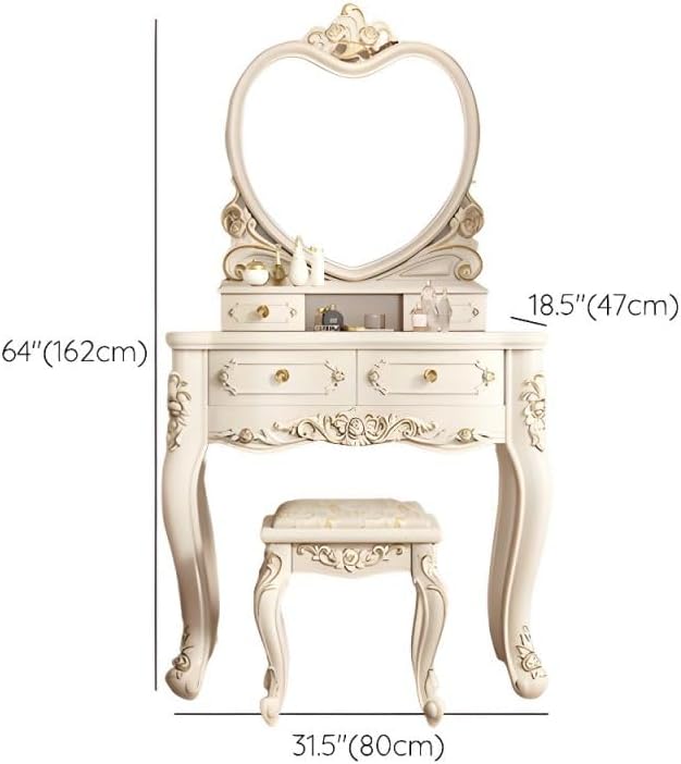 CraftThink Modern Makeup Vanity Set, Bedroom Makeup Vanity Desk Wood Vanity Dressing Table for Bedroom, Makeup Vanity & Mirror & Stools Hearts 31" L x 19" W x 64" H