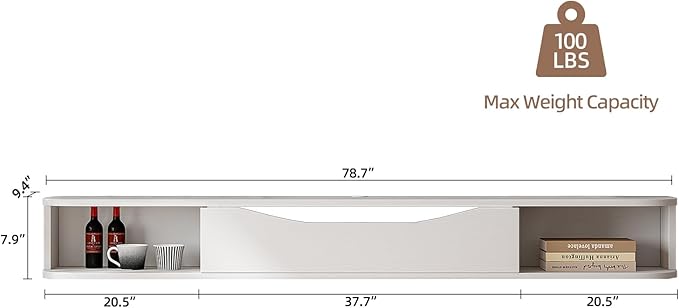 Floating TV Stand,78'' Wall Mounted TV Cabinet,Floating TV Console,Under TV Shelf with 1 Door and 2 Cabinets for TVs up to 78''(White)