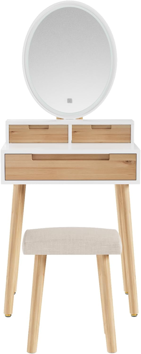 YOURLITE Small Makeup Vanity Desk with Lights, Compact Vanity Desk with Adjustable Brightness Mirror for Small Spaces, Dressing Table with Drawers and Storage Shelves