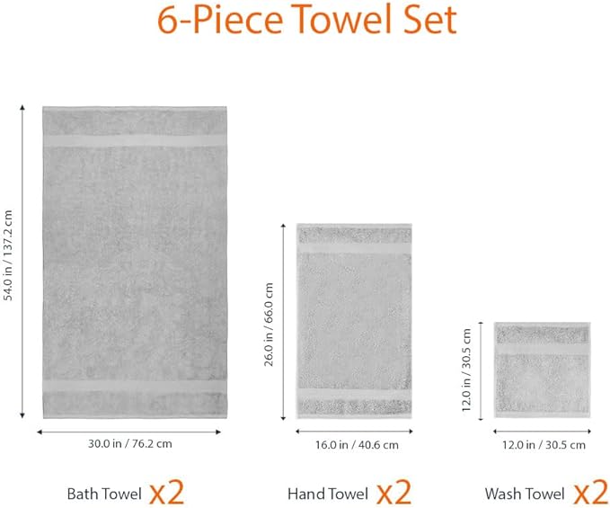 Amazon Basics 6 Piece Oversized Fade resistant Towel set, 100% Cotton towels for bathroom, soft and absorbent, 2 Bath Towels, 2 Hand Towels and 2 Washcloths bathroom towel set, Gray