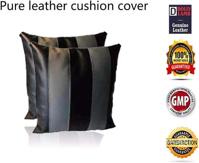 D DOLLY LAMB Lambskin Leather Pillow Cover - Sofa Cushion Case - Decorative Throw Covers for Living Room & Bedroom, 14x14 Inches - Black Grey Pack of 2