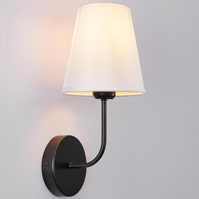 Modern Hardwired Wall Sconce Set of 2 – Matte Black Finish with White Fabric Shades,Farmhouse Bedroom & Living Room Lighting, Hallway, Fireplace, Bathroom