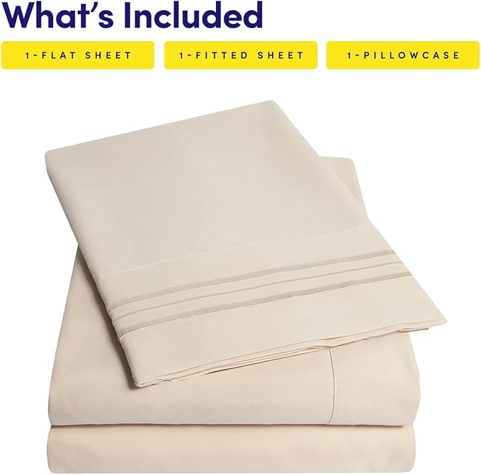 1500 Supreme Collection Twin XL Sheet Sets Beige Cream - 3 Piece Bed Sheets and Pillowcase Set for Twin XL Mattress - Extra Soft, Elastic Corner Straps, Deep Pocket Sheets, Twin XL Beige Cream