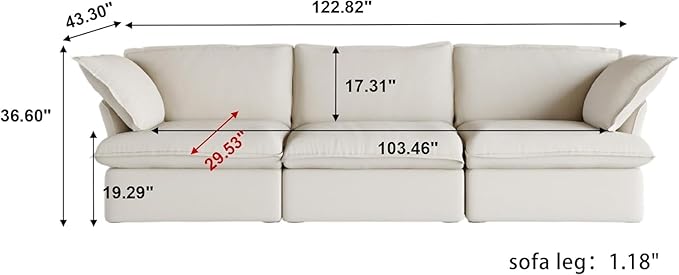 JACH 122.82" Cloud Couch Sectional for Living Room, Modular 3 Seats Sofas, Convertible Sectional Couches, Cushion Covers Removable, Two Corners and One Middle Sofa for Living Room (Beige)
