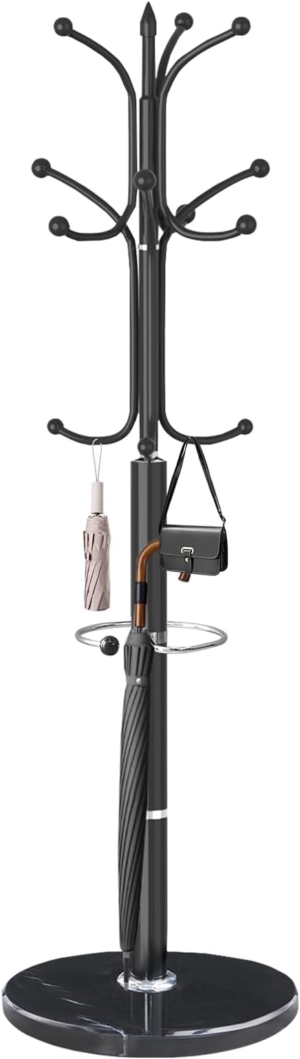 Metal Coat Rack with Natural Marble Base, Coat Rack Stand with 12 Hooks & Umbrella Holder, Black Modern Freestanging Coat Racks, Coat Jacket Hanger Tree Stand for Corner Entryway Office